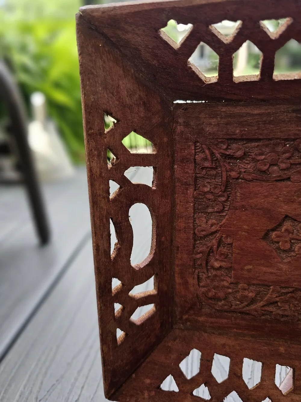 Vintage Hand Carved Wood Serving Tray India Boho Lattice Cutout Floral